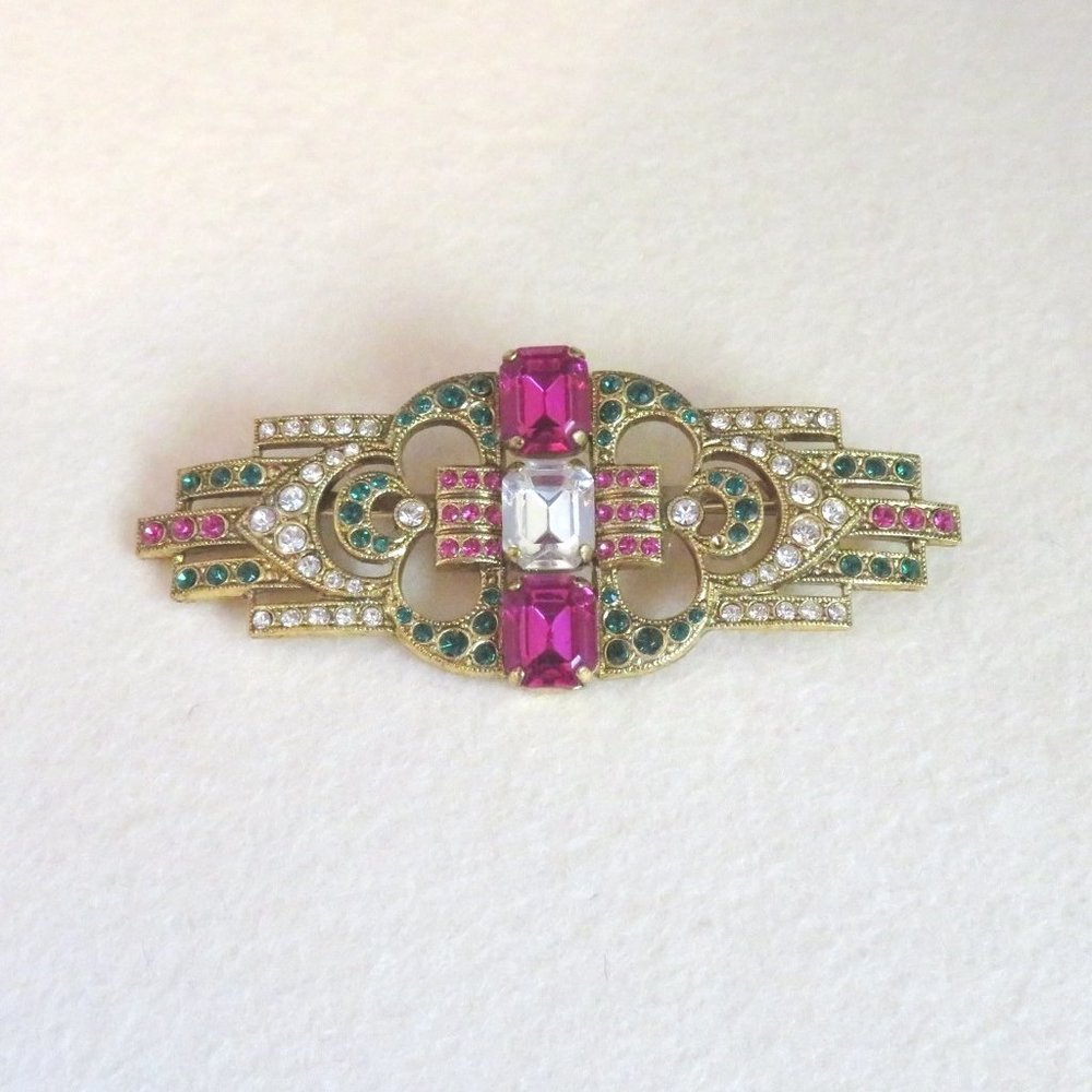 Art Deco Design Fushia, Emerald, Crystal Rhinestone Pin